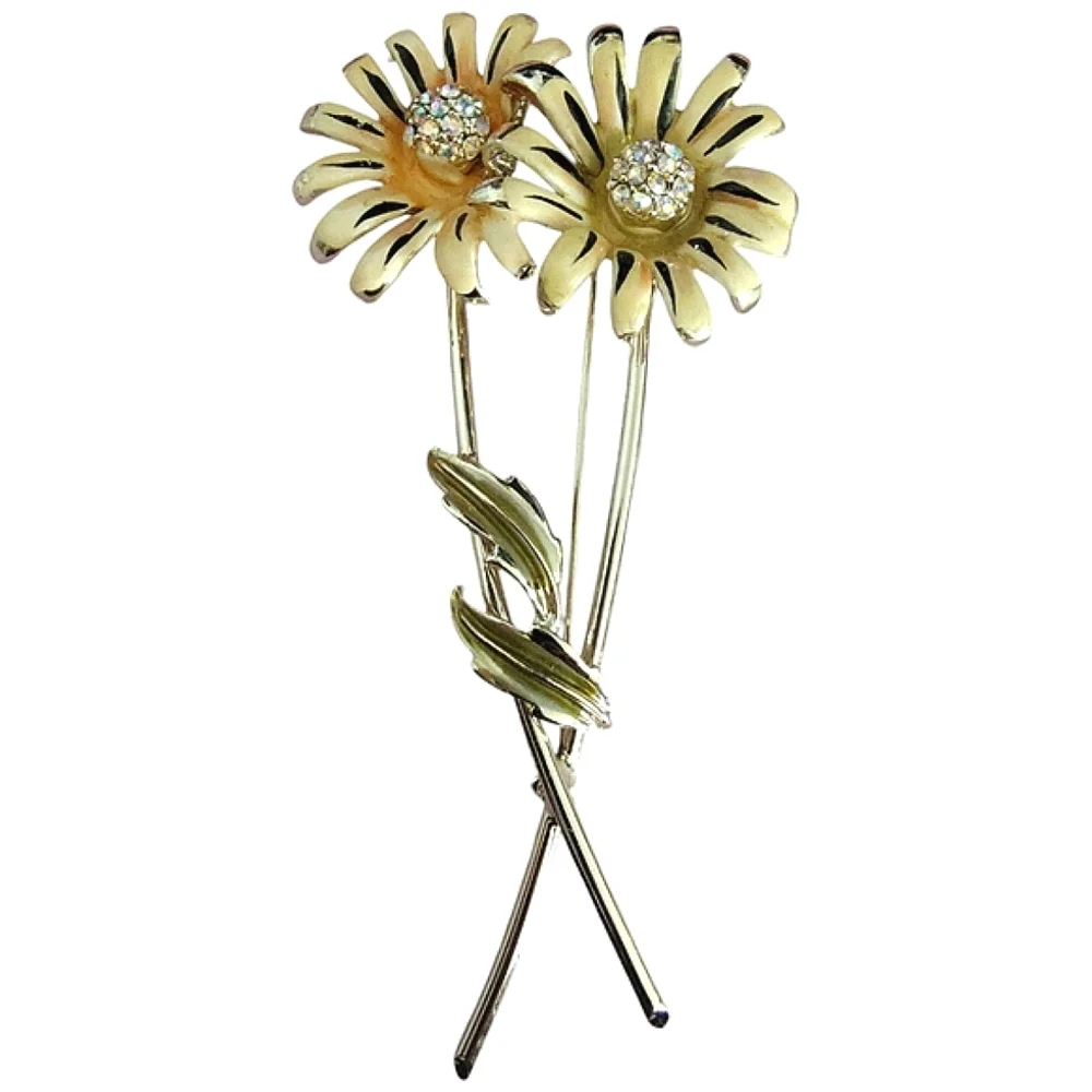 BSK Daisy Floral Brooch With Rhinestone & Gold Accents